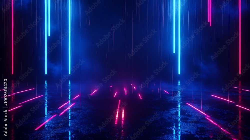 Poster futuristic neon lights create a vibrant and dynamic atmosphere with glowing lines and a misty backgr