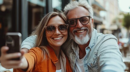 Happy couple enjoying a sunny day while taking a selfie at a cozy outdoor café in a lively urban setting