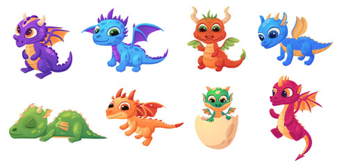 Cartoon baby dragons. Fairytale magic dragon children, cute fire breathers creatures with wings and horns. Medieval animal nowaday vector characters