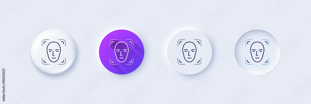 Aufkleber face detection line icon. neumorphic, purple gradient, 3d pin buttons. head recognition sign. identi