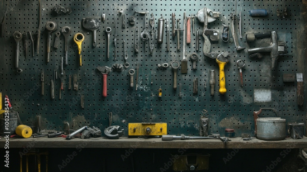 Poster a collection of tools hung on a pegboard in a workshop