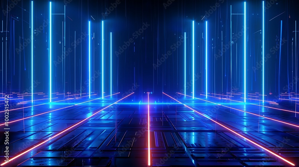 Poster futuristic neon lights create an immersive digital environment with glowing lines and columns.