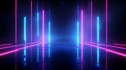 Futuristic neon lights create an immersive atmosphere in a dark environment.