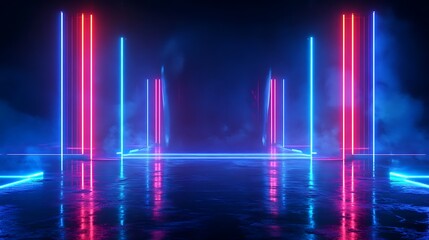 Futuristic neon lights create an immersive atmosphere with reflective surfaces and colorful patterns.