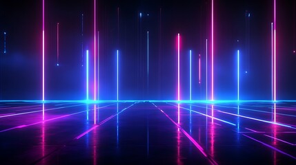 Futuristic neon lights create vibrant patterns in a dark space, evoking a sense of energy and motion.