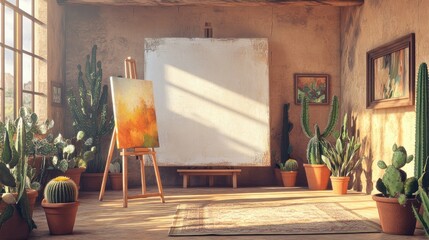 A sunlit artist's loft with adobe accents