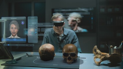 Advanced archaeological lab: Archaeologist in VR headset conducts scientific research in augmented reality using fossil skull. 3D render of virtual display with AI assistant and web browser data. VFX