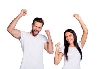 Photo of overjoyed pair celebrating lottery winning wear casual outfit isolated blue background