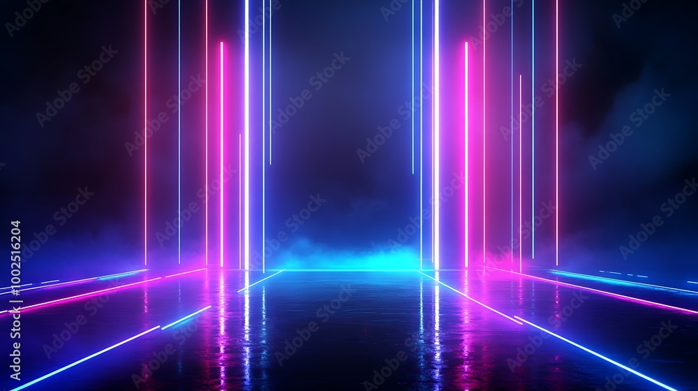 Poster futuristic neon lights creating a vibrant atmosphere with reflections on a wet surface.