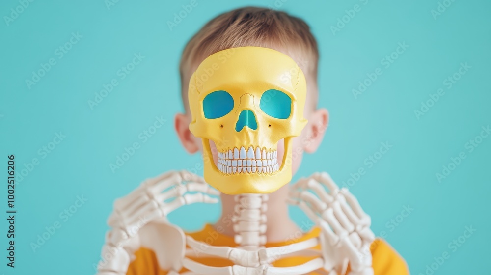 Wall mural A teacher holding up a brightly colored illustration of a human skeleton, teaching students about the human body.