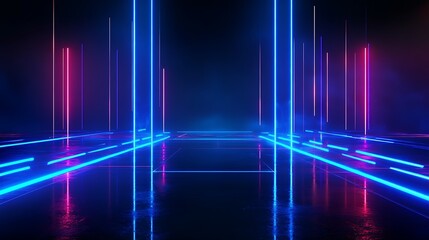 Futuristic neon lights creating a vibrant background with reflections on a smooth surface.
