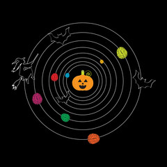 Witches, bats, and brains in orbit with the pumpkin as their earth. Happy Halloween!