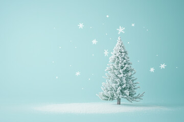 Creative layout with snowy Christmas tree, stars and snowflakes on bright blue background. Minimal winter nature holiday scene.
