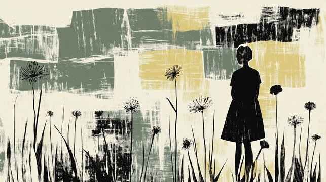 A solitary human figure standing among tall plants or flowers. The background features textured blocks of earthy tones that create a patchwork effect