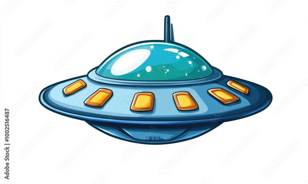 Poster cartoon icon of a flying ufo in 2d style designed for web applications set against a white backgroun