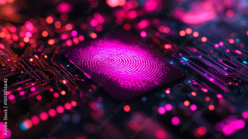 Poster neon fingerprint scan on circuit board, cybersecurity and data protection concept. 3d illustration.