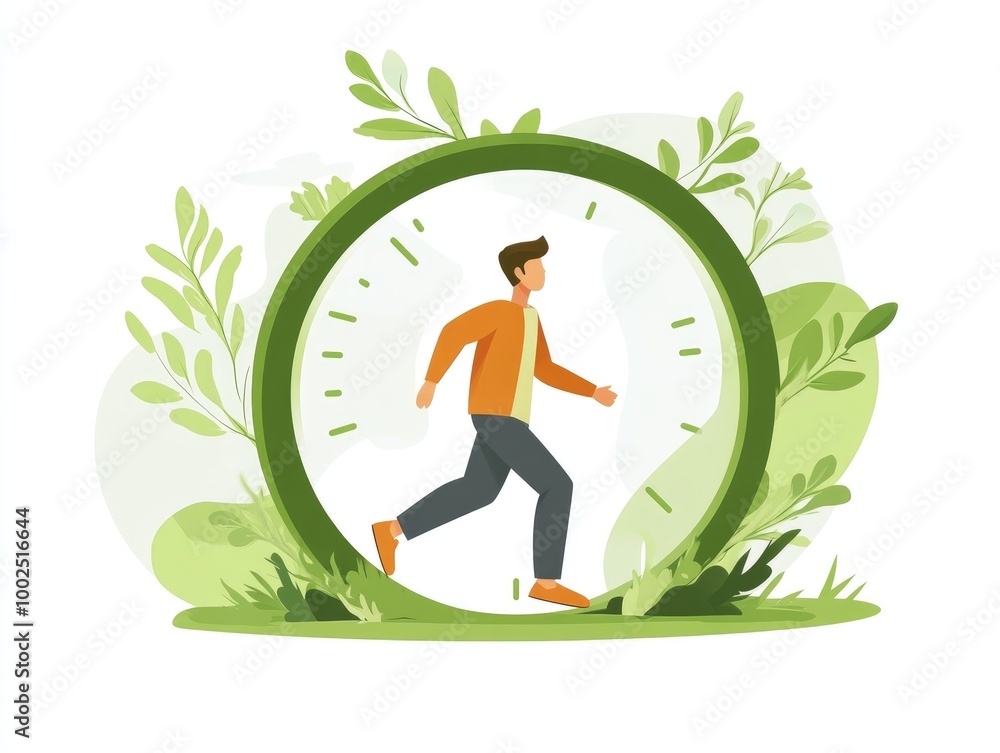 Poster man traveling through a green portal transitioning from one year to another depicted in a flat style