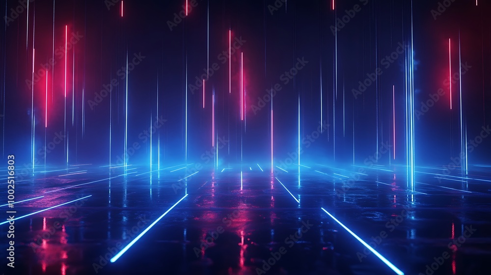 Poster futuristic neon lights creating vibrant patterns on a dark reflective surface.