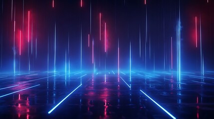 Futuristic neon lights creating vibrant patterns on a dark reflective surface.