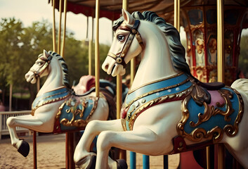 Merry go round.  Carousel amusement park. Vintage tone image of antique carousel in Theme park.