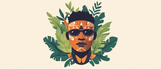 Aboriginal man wearing a wooden mask with greenery Flat design suitable for postcards or t shirts 2D cartoon illustration