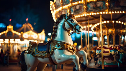Merry go round.  Carousel amusement park. Vintage tone image of antique carousel in Theme park on night.