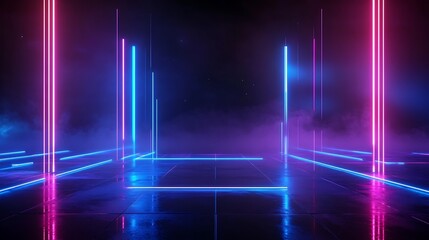 Futuristic neon lights glowing in a dark environment, creating a vibrant atmosphere with reflections.