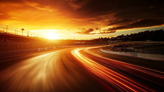 Golden light over Grand Prix track, cars speed along the circuit, creating a dynamic atmosphere-2