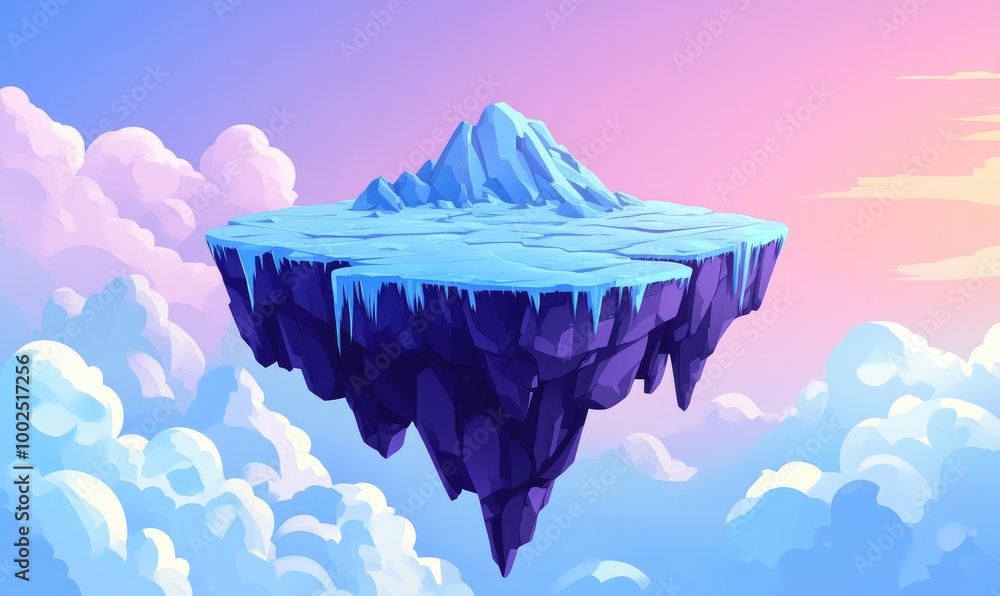 Poster floating ice island featuring a rocky summit and clouds in the background depicted in a vibrant 2d c