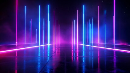 Futuristic neon lights illuminate a reflective floor, creating a vibrant, digital atmosphere with colorful beams.