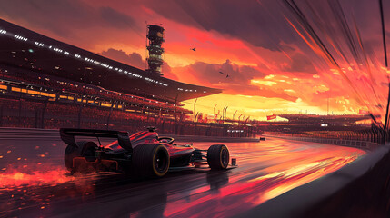 Grand Prix circuit drenched in sunset colors, cars speed by, capturing the thrill of racing-3