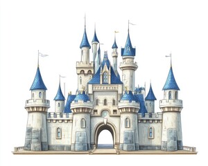 Fototapeta premium Fantasy Castle illustrated hand drawn castle isolated on a white background 2D cartoon architectural element