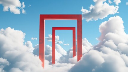 3D rendering of an abstract fantasy cloudscape featuring white clouds drifting beneath red gates in a blue sky Minimalist surreal dream idea with a square portal structure