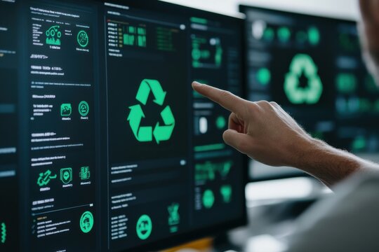 It specialist analyzing big data on computer screen with recycling icon - Powered by Adobe