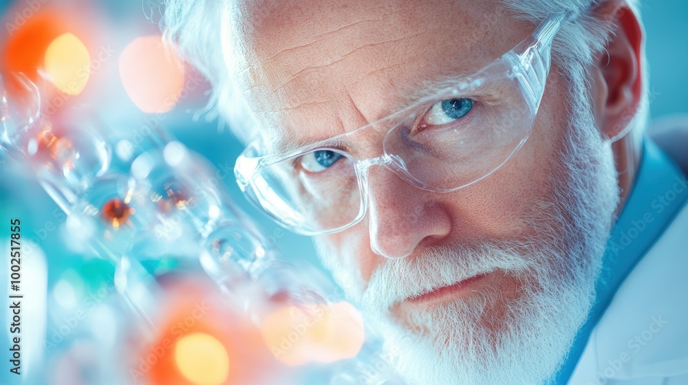 Poster a photograph of a scientist working in a lab with a periodic table displayed prominently in the back