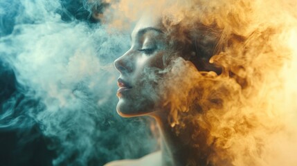 Surreal Dust Portrait series featuring a blend of fractal smoke and a female figure exploring themes of spirituality imagination and artistic expression