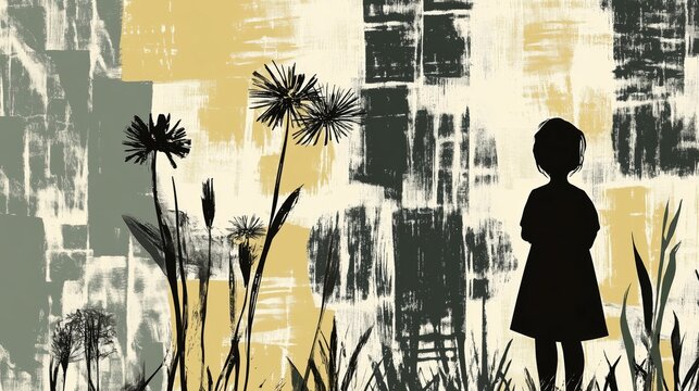 A solitary human figure standing among tall plants or flowers. The background features textured blocks of earthy tones that create a patchwork effect