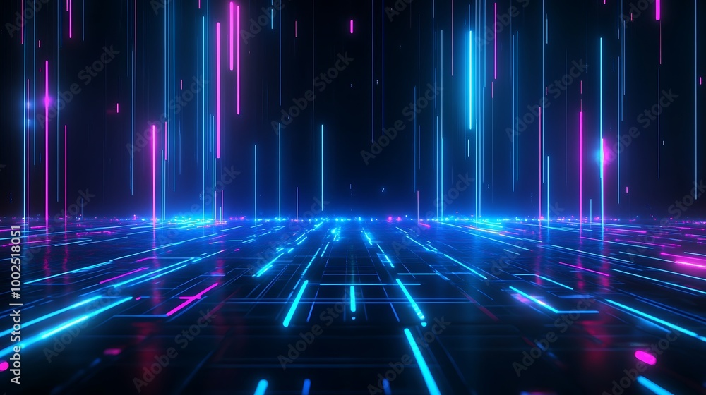 Poster futuristic neon lights in a digital grid environment, creating a vibrant and dynamic atmosphere.