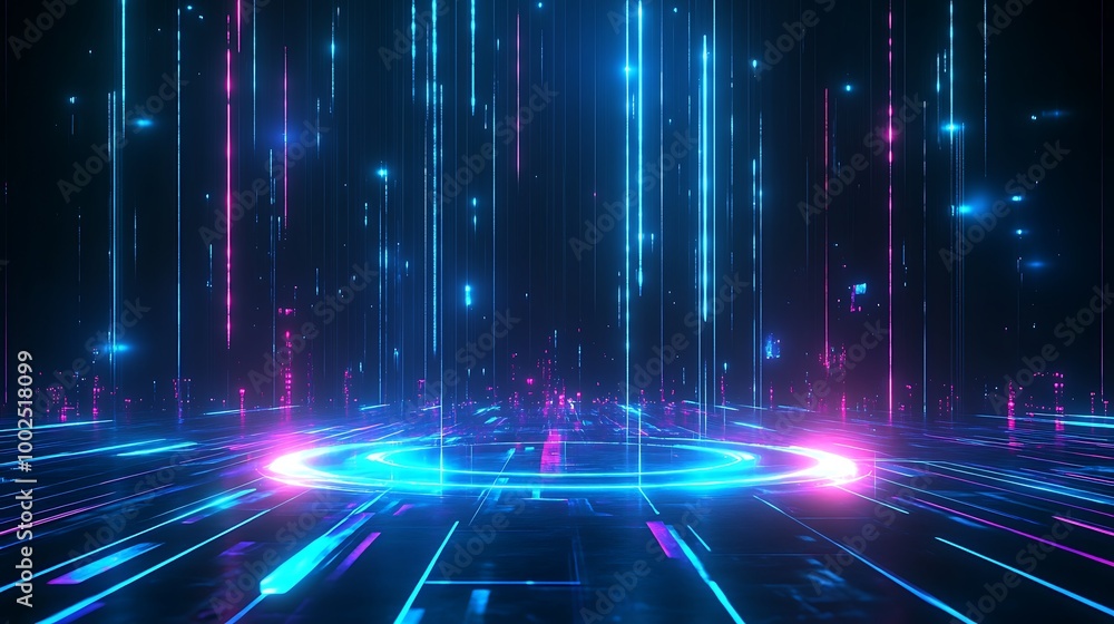 Poster futuristic neon lights in a digital landscape with glowing lines and particles, creating an immersiv