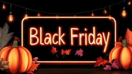 Glowing orange and purple neon Black Friday sign surrounded by smoke in a dark atmosphere for a festive shopping event