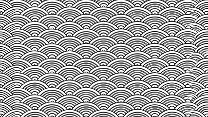 Japanese black and white wave seamless pattern, abstract traditional Asian style concept background, Black and white overlapping repeating circles background.