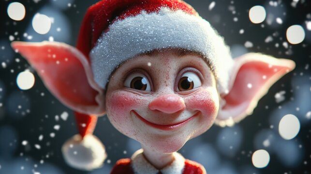 Cheerful elf with a Santa hat and distinctively pointed ears