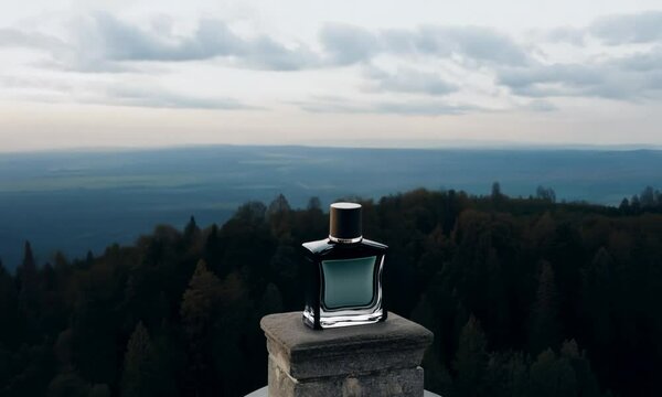 Men's perfume bottle with a clean and simple design on a dark background. Mockup for design