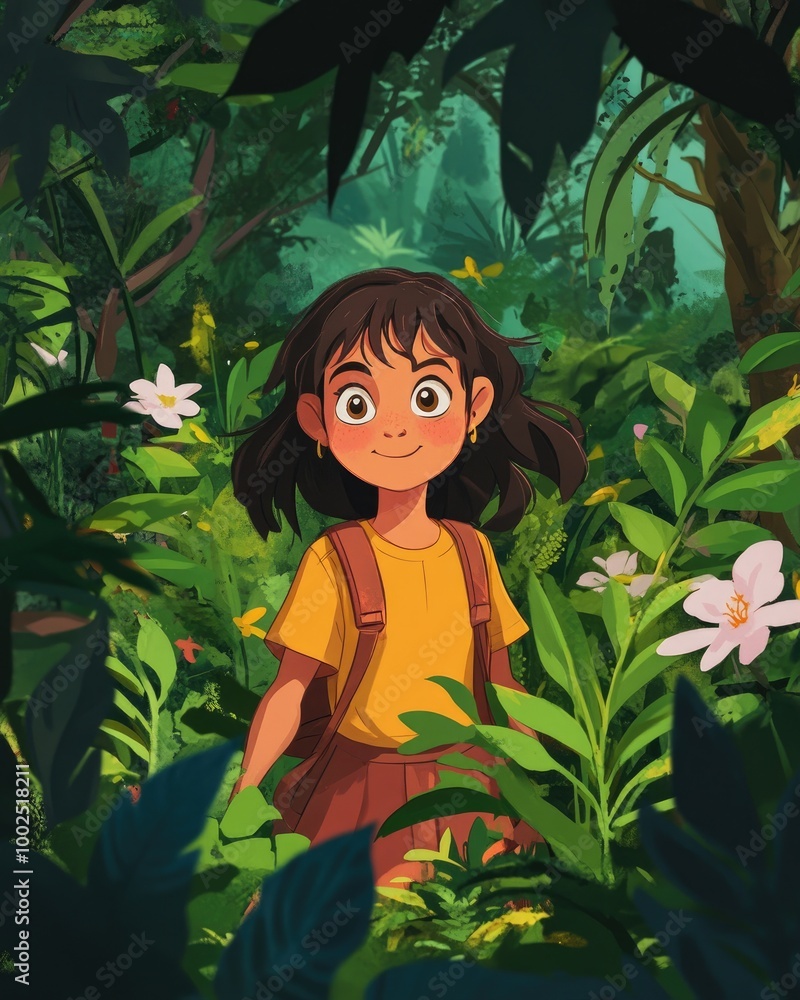 Poster charming animated character of a girl in a lush forest surrounded by botanical elements showcasing a