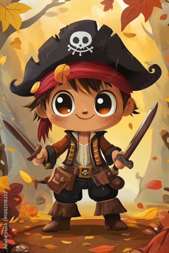 Poster adorable autumn themed chibi pirate character with wooden swords and hooks designed in a playful 2d 