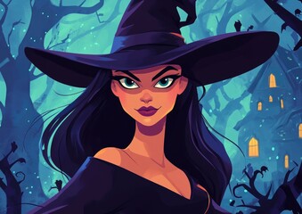 Fantasy Halloween witch in a 2D cartoon style featuring a whimsical witch character depicted in an enchanting illustration