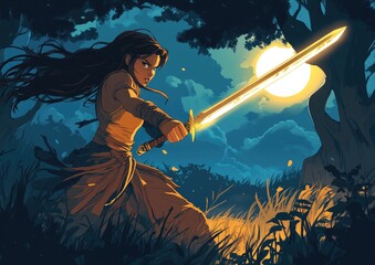 Fantasy girl wielding a sword in a 2D cartoon style illustration