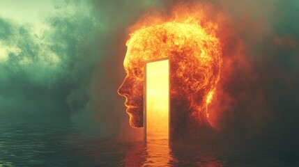 Surreal artwork featuring a flaming head and an open door against an abstract backdrop 3D visualization