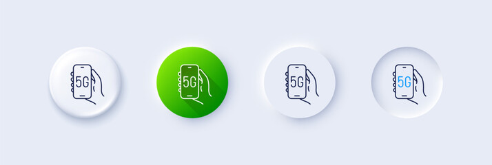 5g internet app line icon. Neumorphic, Green gradient, 3d pin buttons. Hand hold phone sign. Cellphone with screen notification symbol. Line icons. Neumorphic buttons with outline signs. Vector