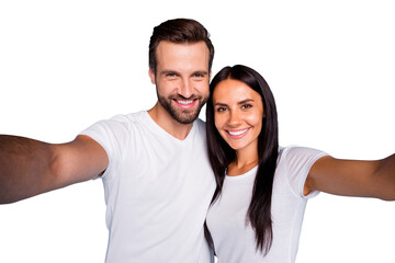 Fototapeta premium Closeup photo of charming pair making selfies wear casual outfit isolated blue background